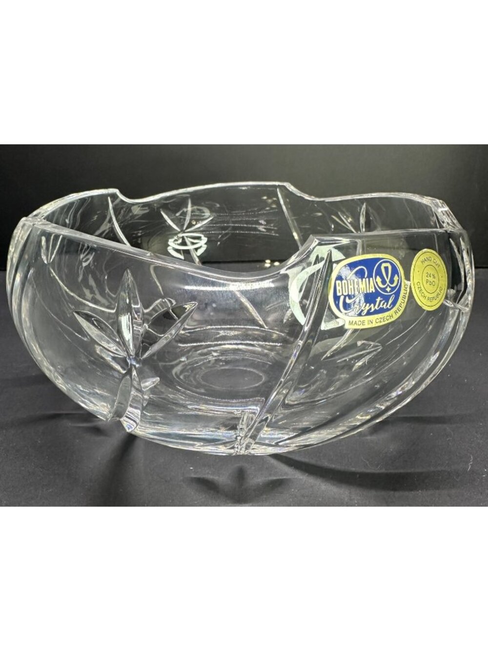 Vtg Clear Glass Bohemia Crystal Czech Cut To Clear 7" DIA Bowl Original Label